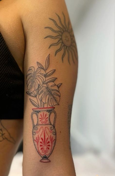 Multiple Tattoos On Arm Women, Body Vase Tattoo, Sunflower Vase Tattoo, Traditional Vase Tattoos, Inside Of Arm Tattoo, Vase Tattoo, American Traditional Tattoo Ideas, Traditional Tattoo Ideas, Red Ink Tattoos