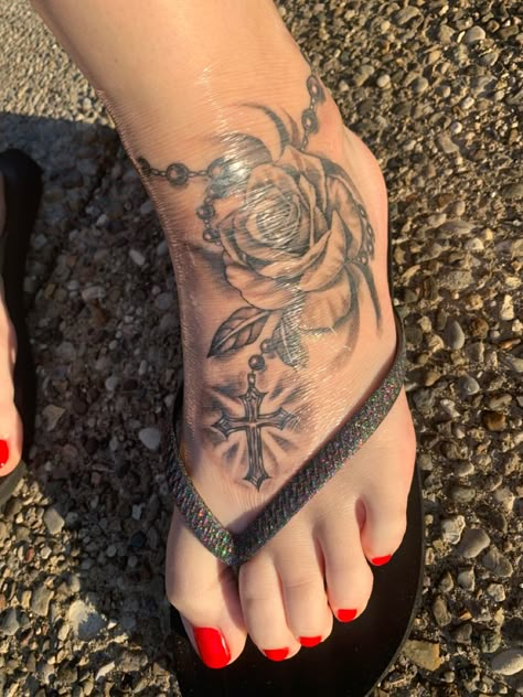 Foot Rosary Tattoo For Women, Rosary On Foot Tattoo, Cross Foot Tattoo, Christian Foot Tattoos For Women, Ankle Rosary Tattoo For Women, Rose Foot Tattoos For Women, Butterfly Rosary Tattoo, Rosary Tattoo Ankle, Rosary Foot Tattoo