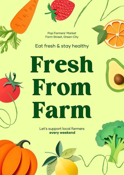 Fresh from farm poster template | premium image by rawpixel.com / Aew Farm Poster, Line Aesthetic, Agriculture Design, Tropical Abstract, Grocery Store Design, Green City, Poster Layout, Awesome Designs, Creative Fonts