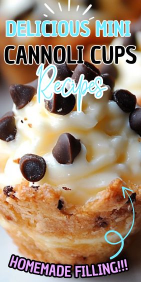 Mini Cannoli Cups Cannoli Chocolate Chip Cookie Cups, Canoli Mini Cups, Mini Canoli Cups Cannoli Dip, Cannoli Cups Mini, Canoli Cups Easy, Cannoli Dessert Ideas, Cannoli Cookie Cups, Mini Cannoli Cups, Snacks To Bake