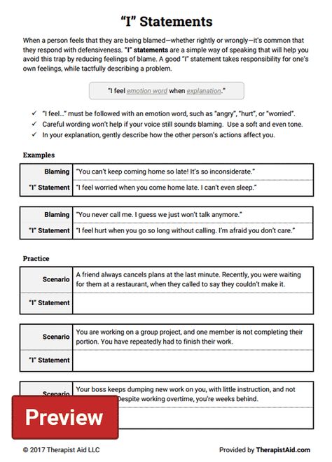 "I" Statements Preview I Statements For Couples, Using I Statements, Positive Communication Activities, I Statements For Kids, Assertive Statements, I Statements Worksheet, Therapist Aid Worksheets, I Feel Statements, Communication Skills Activities