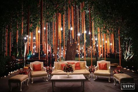 Move Over Mandaps, Trees Are Taking Over Your Wedding Decor! Indian Wedding Lawn Decor, Mandap Under Tree, Lawn Wedding Decor Indian, Haldi Tree Decoration, Lawn Wedding Decor, Sangeet Decorations, Diwali Lakshmi, Lawn Wedding, Mandap Design