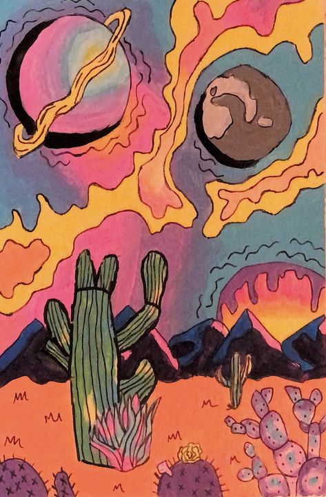 Cactus painting, groovy, desert, planet, moon, trippy, colorful Groovy Art Painting, Trippy Planet Painting, Trippy Desert, Crayon Doodles, Desert Party, Painting Mood, Desert Planet, Planet Painting, Cactus Painting