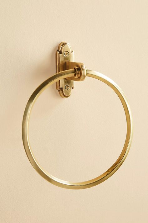 Raina Towel Ring | Anthropologie Hand Towel Hook, Brass Bathroom Hardware, Bathroom Towel Ring, Hand Towel Ring, Bath Hooks, Gold Bathroom Accessories, Bronze Bathroom, Bamboo Towels, Hand Towel Holder