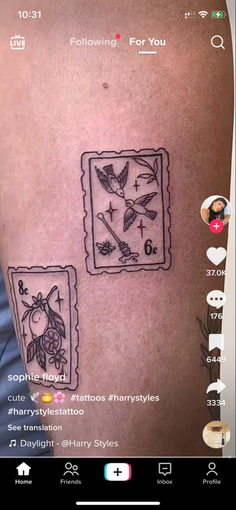 Stamp Tattoo Harry Styles, Harry Styles Stamp Tattoo, The Office Tattoo, Stamp Tattoo, Postal Stamps, S Tattoo, Piercing Tattoo, Tattoo Inspo, Mini Tattoos