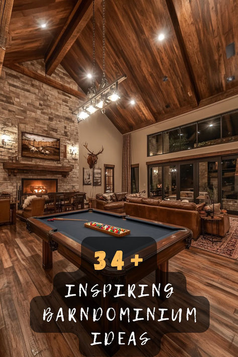 Discover 34 inspiring barndominium ideas that blend rustic charm with modern comfort. 🏡 From open spaces to cozy interiors, these designs offer unique ways to enjoy barn-style living. Ready to transform your home with barndominium flair? Click to explore all the inspiring ideas! #Barndominium #RusticLiving #HomeDesign #BarnStyle #UniqueSpaces #InteriorInspo #HomeIdeas Barndominium Hunting Lodge, Loft Style Barndominium, Ranch Style Interior Design Ideas, Western Style Barndominium, Log Cabin Barndominium, Dutton Ranch Yellowstone House Interior, Western Barndominium Interior, Barndominium Interior Design Ideas, Barndominium Interior Open Floor Rustic