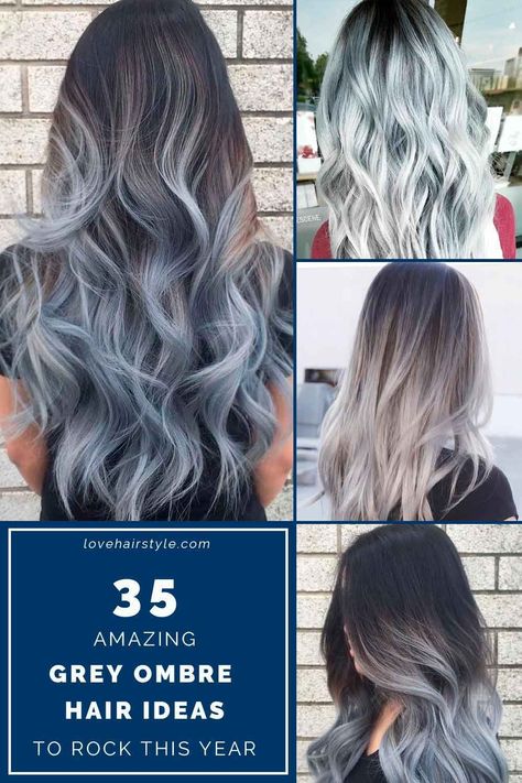 Gray Hair Ombre Balayage, Grey Hair Ombre Balayage, Ombre Grey Hair Color, Silver Blue Balayage, Grey Reverse Ombre Hair, Black And Silver Ombre Hair, Reverse Balayage Grey Silver Hair, Blue Grey Hair Color Silver, Ombré Grey Hair