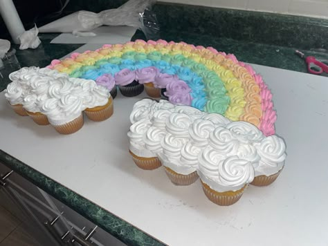 Rainbow Cake And Cupcakes, Birthday Pull Apart Cupcakes, Pull Apart Bluey Cake, Rainbow Shaped Cupcakes, Cloud 9 Birthday Cupcakes, Cloud Cupcake Cake, Cloud 9 Cupcakes, On Cloud 9 Birthday Cupcakes, Pastel Rainbow Cupcake Cake