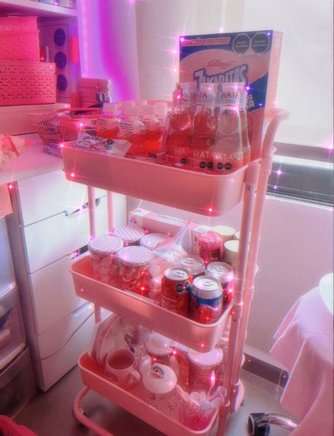 Pink Snack Bar Ideas, Beauty Room Snack Bar, Snack Bar Nail Room, Snack Cart For Room Aesthetic, Pink Hangout Room, Snack Stash In Bedroom Aesthetic, Snack Cart Aesthetic, Party Snack Cart, Pink Sleepover Aesthetic