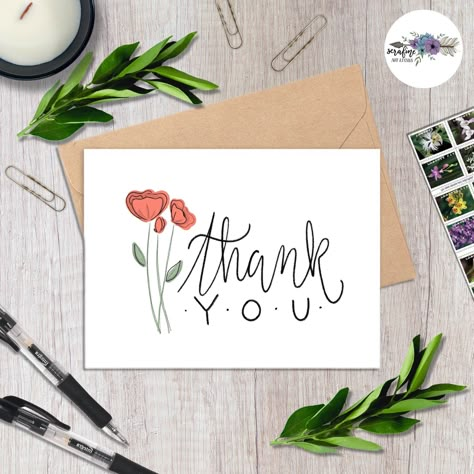 Thank You Flower Card, Thank You Lettering Design, Watercolour Thank You Card Ideas, Simple Thank You Cards Diy, Thank You Diy Cards Handmade, Calligraphy Card Ideas, Handmade Thank You Cards Ideas Simple, Hand Made Thank You Cards, Simple Thank You Cards Handmade