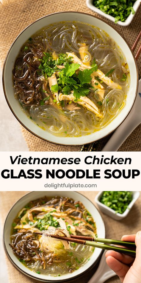 Easy Vietnamese Soup, Soup With Glass Noodles, Easy Glass Noodle Soup, Vietnamese Noodle Soup Recipes, Mien Ga Recipe, Vietnamese Glass Noodle Salad, Noodle Soups Asian, Asian Chicken Noodle Soup Recipe, Vietnamese Chicken Noodle Soup