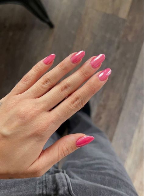 Pink Chrome Nail Powder, Dark Pink Glazed Nails, Hot Pink Clear Nails, Hot Pink Glazed Nails, Hot Pink Chrome Nails Almond, Hot Pink Crome Nail, Hot Pink Metallic Nails, Bubblegum Pink Chrome Nails, Barbie Chrome Nails