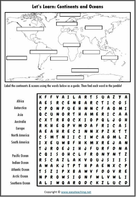 Geography Elementary Activities, Geography Coloring Pages, World Map Printable Free, Oceans And Continents, Geography Printables, Continents Activities, Teaching Maps, Map Skills Worksheets, Elementary Geography