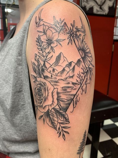 Tattoo Sleeve Women Mountain, Shoulder Tattoos For Women Mountain, Half Sleeve Tattoos For Women Mountains, Nature Side Tattoos Women, Zion Mountain Tattoo, Forearm Tattoo Women Mountains, Scenic Tattoo Women, Outdoor Tattoo For Women Sleeve, Mountain And Flower Tattoo Sleeve