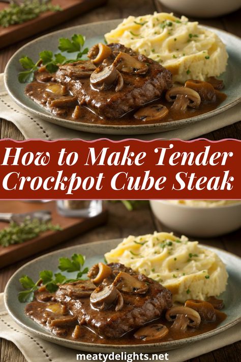 "Learn how to make tender Crockpot cube steak with this simple, delicious recipe. Perfect for busy nights, this slow-cooked dish guarantees melt-in-your-mouth steak every time. #CrockpotSteak #CubeSteakRecipe #SlowCookerRecipes #TenderSteak #EasyDinner #ComfortFood Beef Cutlets Recipes Crockpot, Slow Cooker Steak Tips And Gravy, Country Steak And Gravy Crock Pot, Slow Cooker Cube Steak And Gravy (quick & Easy), Chopped Steak In Crock Pot, Chop Steak Recipe Crock Pot, Crock Pot Baked Steak, Crock Pot Steak And Gravy, Cube Steak In Crock Pot Easy Recipes