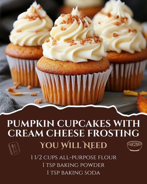 Flavorful Recipes | Pumpkin Cupcakes with Cream Cheese Frosting 🎃🧁 | Facebook Pumpkin Cupcakes With Cream Cheese Icing, Pumpkin Cupcakes With Cream Cheese, Creamy Frosting, Cupcakes With Cream Cheese Frosting, Recipes Pumpkin, Pumpkin Recipes Dessert, Everything Pumpkin, Cream Cheese Icing, Pumpkin Cupcakes