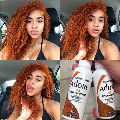 Ginger Hair Ideas Black Women, Ginger Hair Adore, Best Ginger Hair Dye, Ginger Natural Curly Hair, Different Shades Of Ginger Hair, Ginger Died Curly Hair, Curly Black Hair Color Ideas, Adore Dye Ginger, Ginger Hair Color On Black Women Natural