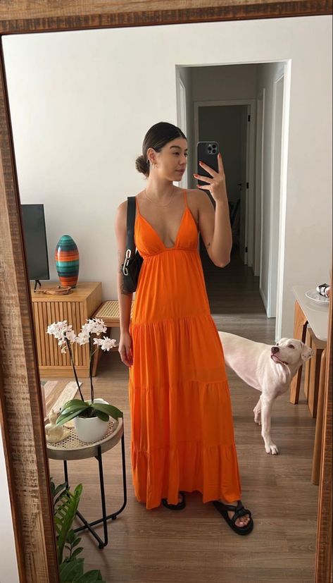 Orange Beach Dress, Orange Beach Dresses, Prom Dress Orange, Goa Outfits, Orange Chiffon, Make Your Own Dress, Looks Party, Custom Size Dresses, Orange Beach