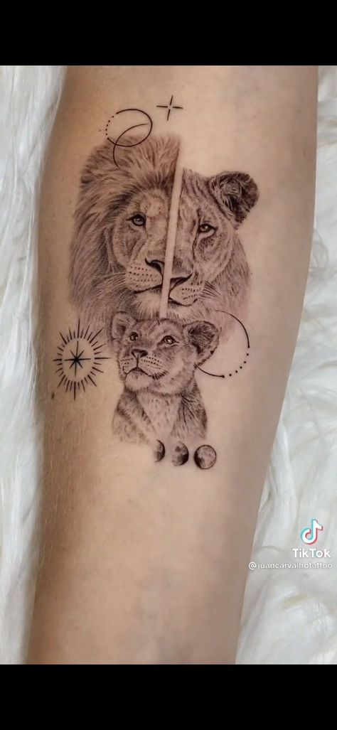 Mother And Son Lion Tattoo, Lion King And Queen Tattoo, Mother Daughter Tattoos Lion, Lion Stomach Tattoo Women, Lion Tattoo Feminine, Family Of Lions Tattoo, Lion Tattoo Family, Lion And Baby Tattoo, Lions Family Tattoo