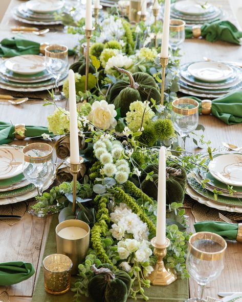 Home with Holly J | Faux flowers layered into garland centerpiece for your fall tablescape. #fall #autumn #falltablescape #autumntablescape #falldecorations #thanksgivingtable #thanksgivingdecorations #tabledecor #greendecor #golddecor #entertaining #homefortheholidays #holidayentertaining Green And Gold Tablescape, Green And Gold Christmas Table, Lush Tablescape, Harvest Tablescape, Everyday Tablescapes, Green Table Decor, Centerpiece Garland, Green Table Settings, Autumn Tablescapes