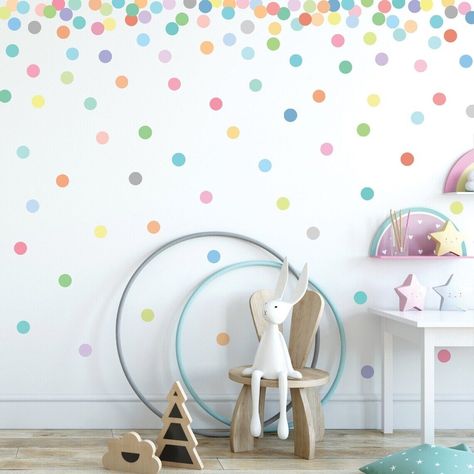 Playroom Polka Dot Wall, Polka Dot Wall Mural, Dot Decals On Wall, Paint Dots On Wall, Polka Dot Room Decor Girls Bedroom, Playroom Wall Stickers, Polka Dot Accent Wall, Rainbow Polka Dot Wall, Rainbow Kids Bedroom