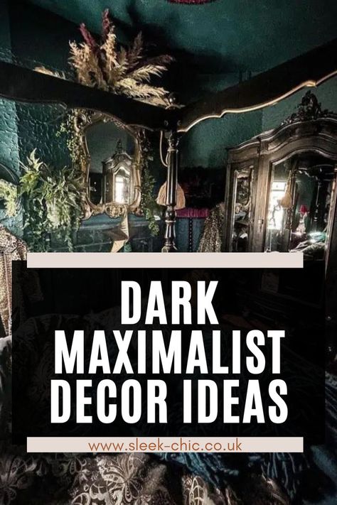 Unlock the secrets of dark maximalism in home decor, a style that marries intensity with extravagance, creating a space that's both bold and luxurious. Click to unravel the transformative ideas that can turn your home into a dark maximalist masterpiece, and follow us for an ongoing wellspring of inspiration to make your interior design journey truly exceptional. Maximalist Dark Decor, Dark Moody Maximalist Bedroom, Diy Dark Decor Ideas, Dark Industrial, Black Masculine Bedroom, Dark Beach House Decor, Macabre Interior Design, Goth Salon Ideas, Sultry Aesthetic Bedroom