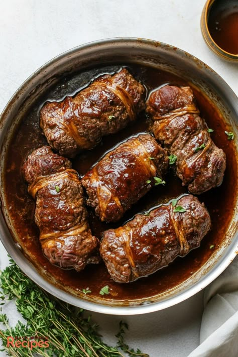 Authentic German Rouladen Recipe - EasyWorldRecipes German Beef Rouladen, German Rouladen Recipe, German Foods Authentic, Rouladen Recipe German, Beef Rolls Stuffed, German Rolls, German Recipes Traditional, German Recipes Authentic, Beef Rouladen Recipe