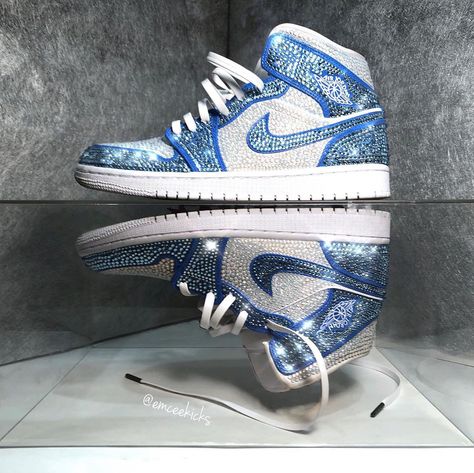 Dynamic Blue Custom Sneakers For Light Sports, Ice Blue Jordans, Bling Nike Shoes Blue, Luxury Blue Nike Custom Sneakers, Luxury Blue Jordan Shoes, Custom Jordan, Custom Air Jordan 1, Glam Shoes, Sneaker Ball