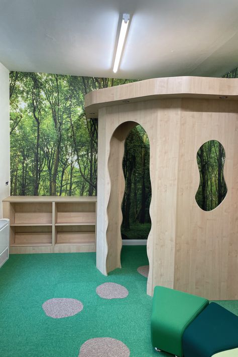 A library featuring a reading nook crafted out of library shelving with a woodland wallpaper on the backwall. Woodland Library, Library Shelving, School Library Design, School Libraries, Library Shelves, Reading Nooks, Library Design, Learning Spaces, School Library