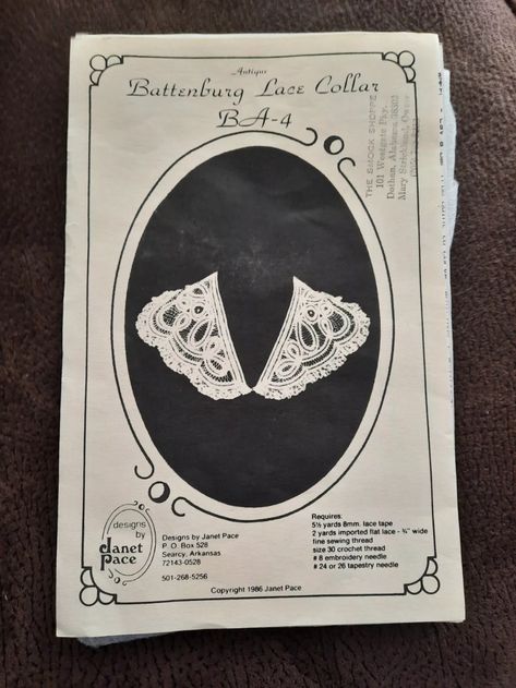 Janet Pace Design BA-4 Pattern For Battenburg Lace Collar | eBay Tatted Collar Pattern Free, Battenberg Lace Pattern, Idrija Lace Pattern, Pinnacle Lace Necklace, Bee Supplies, Battenburg Lace, Lace Tape, Pattern Pictures, Embroidery Needles