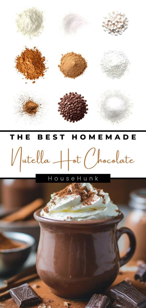 Dive into the ultimate comfort with Homemade Nutella Hot Chocolate Mix! Indulge in rich cocoa and hazelnut flavors, perfect for chilly days. Easy to make and utterly divine! Flavored Hot Chocolate, Homemade Hot Chocolate Mix Recipe, Hot Cocoa Variations, Hot Chocolate Recipe, Thick Hot Chocolate Recipes Homemade, Hazelnut Hot Chocolate, Gourmet Hot Chocolate Recipe, Homemade Dark Chocolate Hot Cocoa, Hotchocolate Homemade