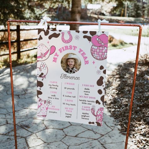 My First Rodeo cowgirl pink brown photo Milestone Wild West Birthday, Brown Photo, Rodeo Party, My First Rodeo, Rodeo Birthday, Birthday Party Design, Rodeo Cowgirl, Milestone Poster, First Rodeo