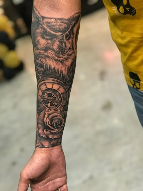 Owl Forearm Tattoo Men, Dean Tattoo, Owl Forearm Tattoo, Owl Tattoo Sleeve, Makeup Courses, Colour Tattoo, Bald Men Style, Forearm Sleeve, Forarm Tattoos