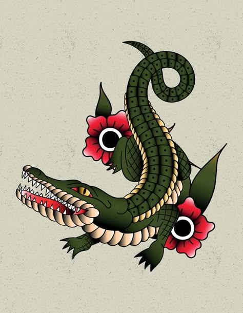 crocodile tattoo old school Traditional Tattoo Animals, Japanese Snake, Alligator Tattoo, Crocodile Tattoo, Japanese Snake Tattoo, Traditional Tattoo Inspiration, American Traditional Tattoo Ideas, Traditional Tattoo Ideas, Tattoo Old School