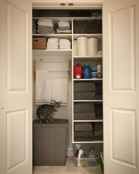 Bathroom Closet Shelving, Small Bathroom Closet Ideas, Bathroom Closet Ideas, Bathroom Closet Designs, Bathroom Closet Organization Ideas, Bathroom Closet Remodel, Closet Design Ideas, Small Linen Closets, Bathroom Linen Closet