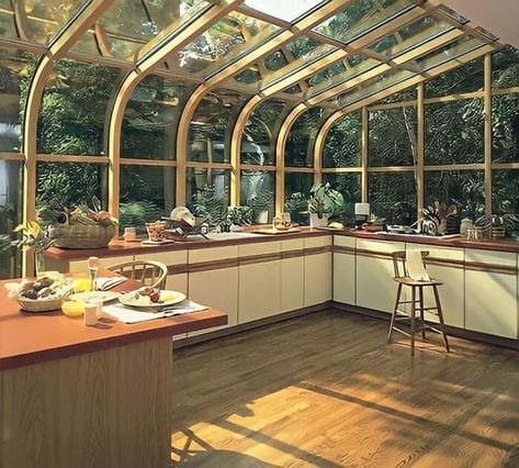 70s Pink Kitchen, Retro Sunroom, Kitchen Solarium, Solarium House, Solarium Kitchen, Kitchen Sunroom, Large Sunroom, Sunroom Kitchen, 70s House