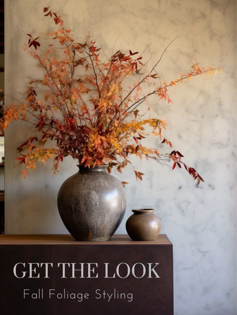 Fall Branch Centerpieces, Seasonal Floral Arrangements, Autumnal Vase Arrangement, Autumn Vase Arrangements, Fall Leaves In Vase, Burnt Orange Vase, Fall Branches In Vase, Fall Vases Decorations, Fall Stems In Vase