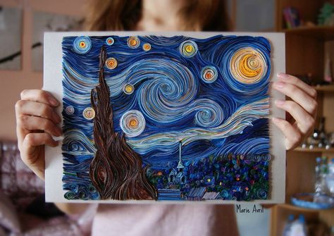 Quilling: The Starry Night by Vincent van Gogh by MarieAvril Starry Night Paper Quilling, Starry Night Quilling, Quilled Mandalas, Arte Quilling, Yarn Painting, Starry Night Painting, Quilling Work, Art Quilling, Desain Quilling