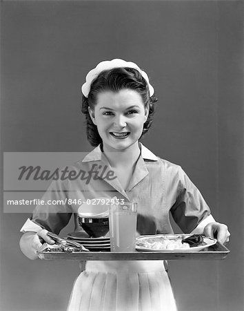 1940s SMILING WAITRESS WEARING A CAP & UNIFORM WITH WHITE COLLAR & APRON HOLDING A SERVING TRAY – Image © ClassicStock / Masterfile.com: Creative Stock Photos, Vectors and Illustrations for Web, Mobile and Print Retro Waitress, Waitress Hairstyles, Waitress Outfit, 1940 Style, 1940s Hairstyles, Women's Uniforms, Fashion Mood Board, A Cap, 1940s Fashion