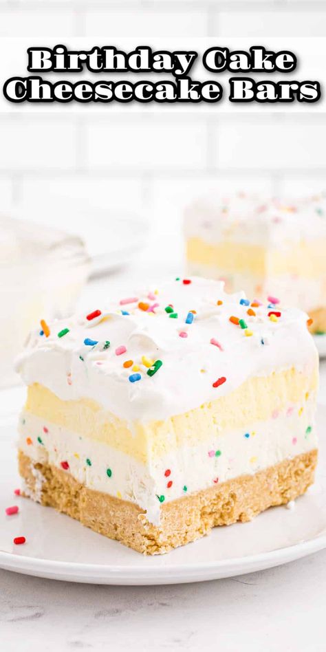 Birthday Cake Cheesecake Bars dessert is an ultra-creamy no-bake recipe inspired by Pillsbury's funfetti cake mix. It's layered with a buttery cookie crust, cheesecake filling with rainbow sprinkles, vanilla pudding mix, and a whipped topping! Cookie Crust Cheesecake, Desserts Bars, Birthday Cake Cheesecake, Pan Desserts, Birthday Cheesecake, Bars Dessert, Funfetti Cake Mix, Cake Cheesecake, Eggless Desserts