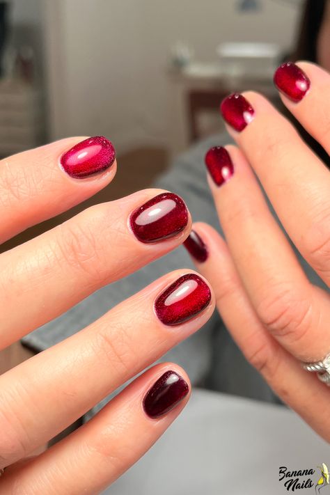 FALLing for this apple red cat eye magic ♥️ Book now 🥰 Apple Red Nails Acrylic, Candy Apple Red Nails Acrylic, Candy Apple Red Nails, Apple Red Nails, Red Cat Eye Nails, Banana Nails, Red Gel Polish, Eye Magic, Red Cat Eye