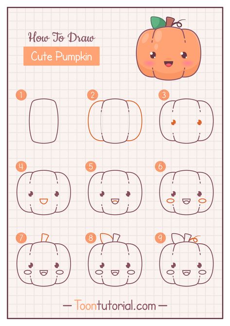 Learn to create an adorable Kawaii pumpkin with my easy-to-follow, step-by-step tutorial. Whether you’re a seasoned artist or a beginner, our guide simplifies the process, breaking it down into basic shapes and lines. Get ready to unleash your creativity and end up with a cute and cheerful Kawaii pumpkin that will brighten your day! Cute Animal Doodles Step By Step, Step By Step Pumpkin Drawing, How To Draw A Cute Pumpkin, Drawing A Pumpkin Step By Step, Pumpkin Drawing Tutorial, Cute Pumpkin Drawing Simple, Autumn Doodles Step By Step, Pumpkin Doodle Easy, Cute Pumpkin Doodle