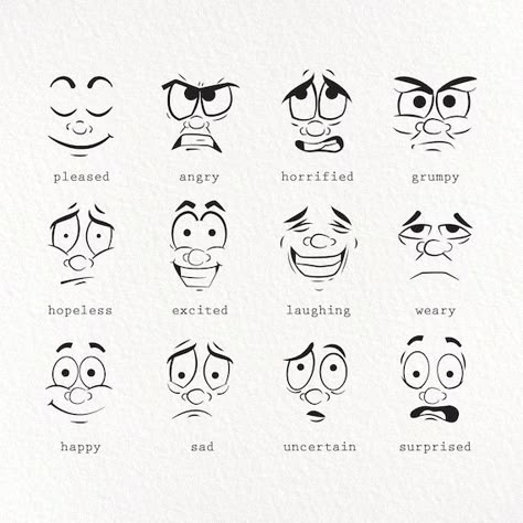 Cute Cartoon Faces To Draw, Character Design Face Expression, Cartooning Editorial, Editorial Cartooning Facial Expressions, Pleased Face Expression, Different Expressions Faces, Person Face Drawing, Cartoon Expressions Faces, Faces Drawing Cartoon