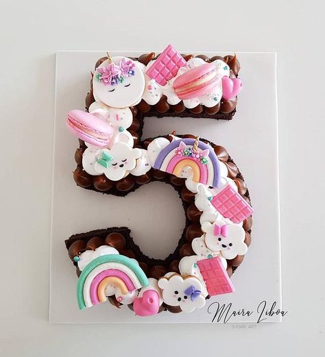 Number cake by Maira Liboa Number 5 Cake Design, Girl Number Cake, 5 Number Cake, Number 5 Unicorn Cake, 4 Cake Number, Number 7 Cake Girl, Unicorn 5 Cake, 5 Cake Number, Number Cake Design