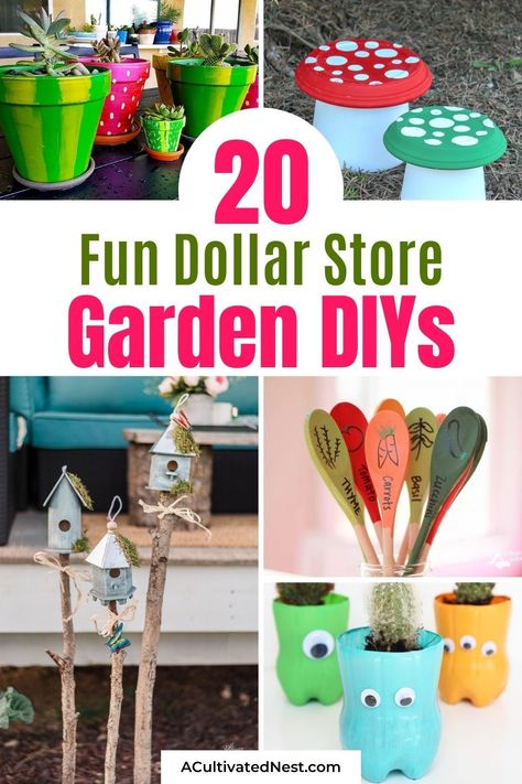 20 Brilliant Dollar Store Garden DIYs- If you want to add some fun to your garden on a budget, you have to try some of these brilliant dollar store garden DIYs! They're all easy to do, and will make your garden look great! | #diyProjects #gardenCraft #dollarStoreDIYs #diyProjects #ACultivatedNest Garden Clothesline, Garden Ideas Diy Cheap, Cheap Flower Pots, Homemade Garden Decorations, Garden Pavers, Garden Ideas Diy, Garden Diy Ideas, Garden Mushrooms, Dollar Store Ideas