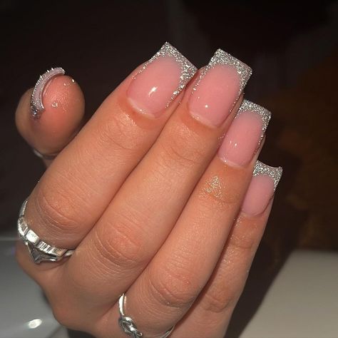 Pink Silver Nails Glitter, Sparkly Silver Tip Nails, Nails Pink And Silver Glitter, Short French Tip Acrylic Nails With Glitter, Short Square Nails New Years, Glitter Short French Tip Nails, 21st Birthday Nails Acrylic Short, White French Tip Nails Square Glitter, Sparkling Acrylic Nails