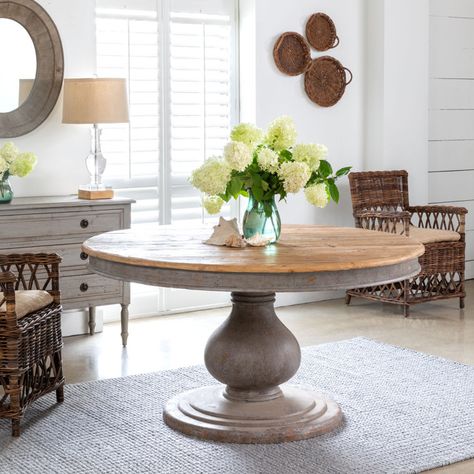 Round Solid Wood Dining Table Vintage Foyer, Painted Fox Home, Park Hill Collection, Coastal Cottage Style, Round Pedestal Dining, Round Pedestal Dining Table, Foyer Table, Gray Paint, Wood Pedestal