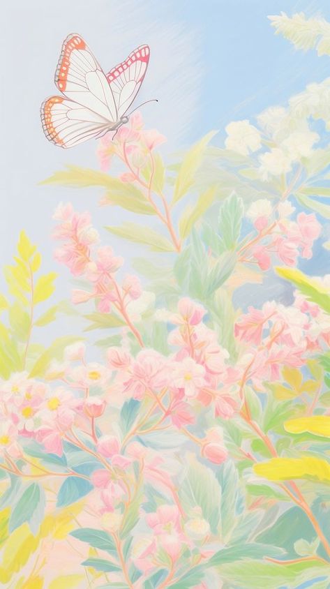 Cute butterfly in garden backgrounds painting outdoors. | free image by rawpixel.com / Wariya Sopitpakdeepong Butterfly In Garden, Backgrounds Painting, Butterfly Phone Wallpaper, Garden Butterfly, Garden Bridal Showers, Dreamy Artwork, Pattern Butterfly, Garden Drawing, Flower Theme