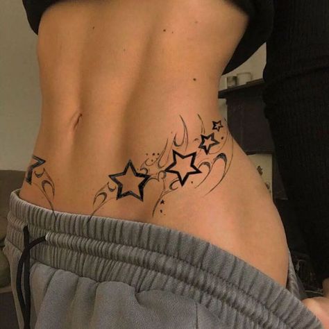 Stomach Tattoos Stars, Tight Tattoos, Tattoos For Women On Thigh, Brother And Sister Tattoo Ideas, Sister Tattoo Ideas, Jagua Henna, Waist Tattoos, Belly Tattoos, Funky Tattoos