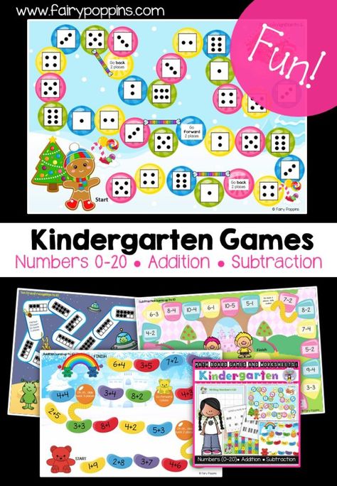 Kindergarten math games that focus on numbers, addition and subtraction – Fairy Poppins Kindergarten Number Recognition Games, Preschool Fall Number Activities, Fall Number Activities, Kindergarten Fall Math Centers, Number Recognition Games 1-20, Kids Learning Numbers, Preschool Math Games, Math Board Games, Kindergarten Math Games